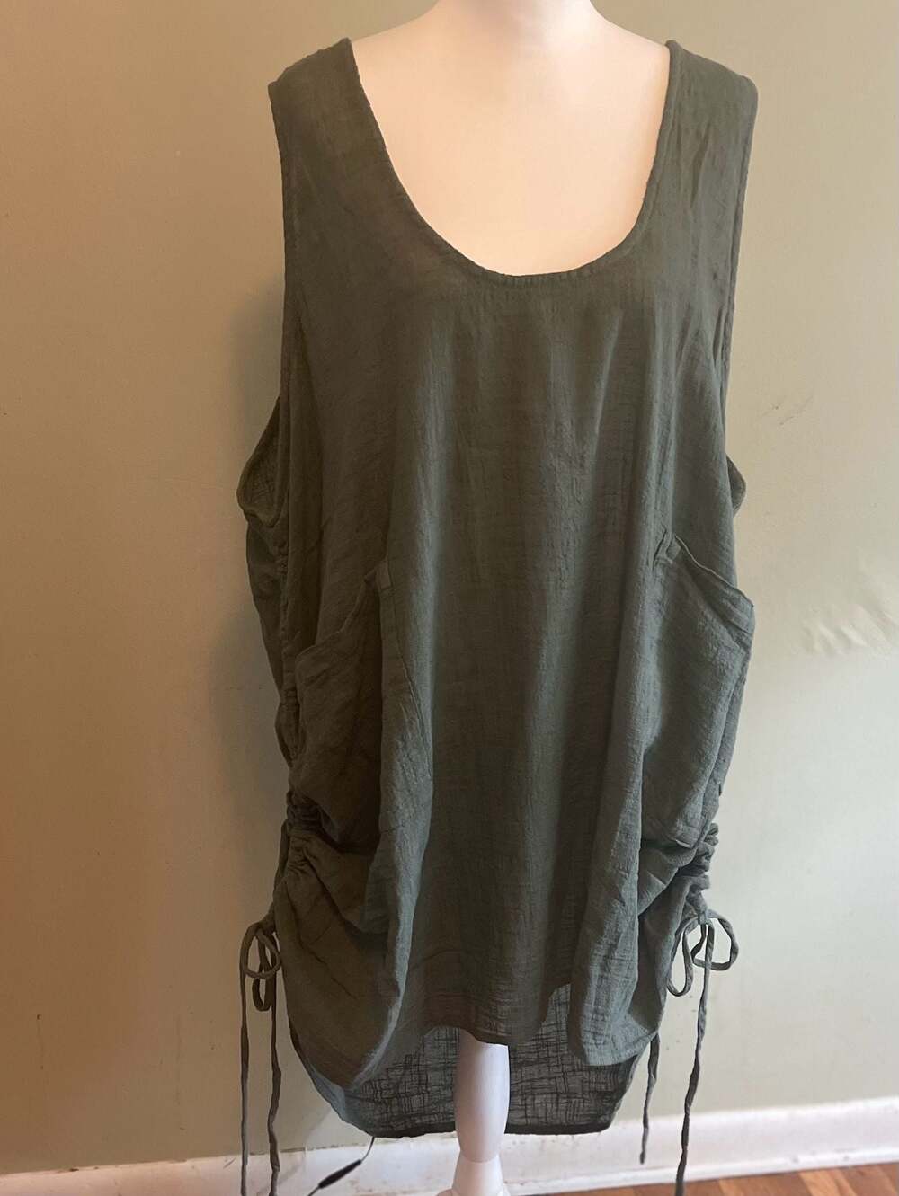 Lagenlook Sz.3X Cotton Linen Tunic Dress w/Slouchy Pockets, Adjusting Hem